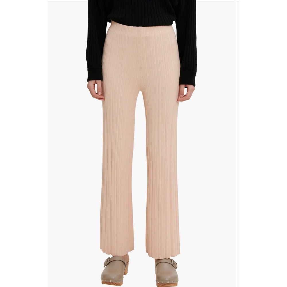 Maje Peline Ribbed Knit Wide Leg Trousers Rose Pale Pink 36 MSRP $265 NEW